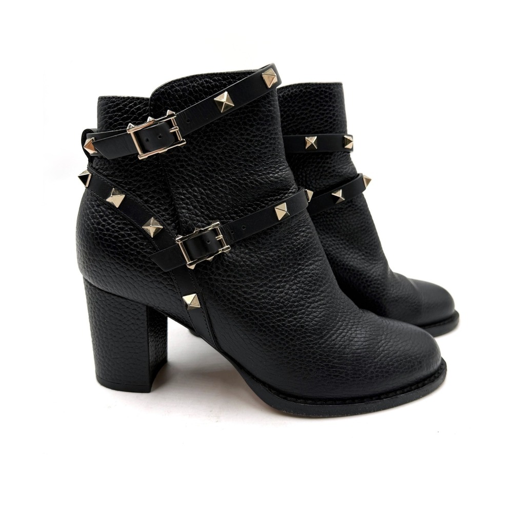 Valentino Garavani Rockstud Ankle Boots Black Pebbled Leather‎ Heels Sz 36 / 6
